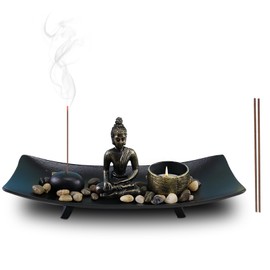 Zen Garden with Buddha Figure: Nizirioo Decor Japanese Incense Stick Holder Buddha Statue with Natural Stones and Tea Light Holder, Sitting Buddha Statue for Gift, Meditation, Relaxation, Decor