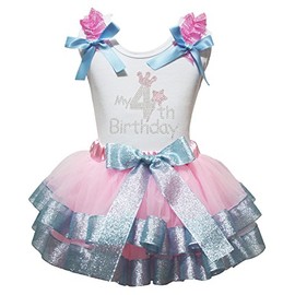 Petitebella Rhinestone My 1st to 6th White Shirt Pink Blue Petal Skirt Set (4th, 4-5 Years)