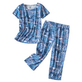 PNAEONG Women's Pajama Set - Cotton-Blend Short-Sleeve Loose Top with Matching Capri Bottoms SY215-Good Night-XL