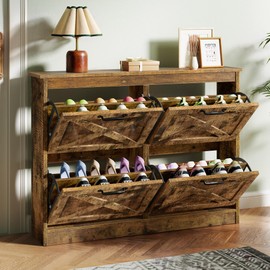 YITAHOME Shoe Cabinet with 4 Flip Drawers, Farmhouse Entryway Shoe Storage Organizer with Adjustable Shelves, Free Standing Shoe Racks for Closet, Dark Rustic Brown