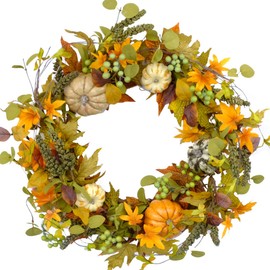Bibelot 20 inch Autumn Wreath -Pumpkin and Maple Leaf Wreath with Greeen Berry for Front Door Hanging Wall Decoration,Fall Harvest,Thanksgiving, Home Decor