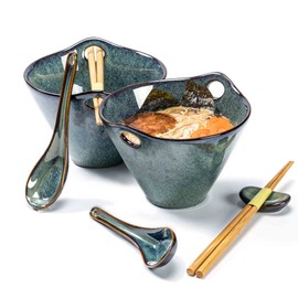 Henten Home 20 OZ Ramen Bowls Set, Ceramic Japanese Noodle Bowls Set of 2, Porcelain Deep Salad Bowl with Chopsticks for Udon, Reactive Glaze, Microwave Safe (Teal)