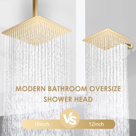KINLIV 16 inch Brushed Gold Large Rain Shower Head Ceiling Mount - All Metal 304 Stainless Steel, Full Body Rainfall Shower with 324 Silicon Nozzles - Waterfall Bathroom Square Showerhead