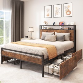 YITAHOME Queen Size Bed Frame with 4 Storage Drawers, Metal Platform Bed with Wooden Headboard and Charging Station, No Box Spring Needed, Fast Assemble, Brown
