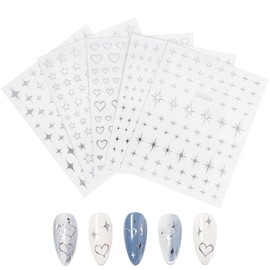 Beavorty Pegatinas de Uñas Estrellas Plateadas, 5 Hojas de Calcomanías Nail Art para Decoración de Uñas, para Manicura DIY en Fiesta, Boda y Uso Diari