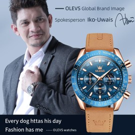 OLEVS Men's Watch Quartz Multifunctional Chronograph Brown Leather Strap Waterproof Sports Night Light Fashion Calendar Simulation Watch (9957- Rose Shell Blue Face)