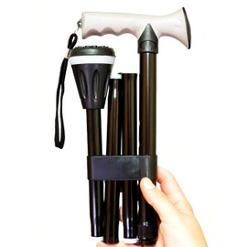 Faltbarer Gehstock aus Aluminium, schwarz, ergonomischer Soft-Touch-Griff und rutschfeste XL-Gummikappe für jedes Gelände – leicht, verstellbar 84-95 cm und tragbar für Tasche oder Koffer (657S)