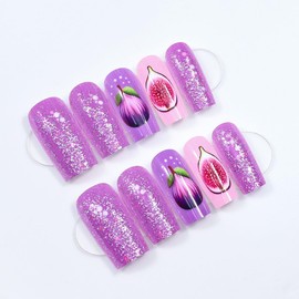 Coffin Press on Nails Medium Length Fig Design Fake Nails with Fruit Design Glitter Acrylic Stick on Nails French Tip Glue on Nails Glossy Full Cover Artificial False Nails Reusable Nails Kit