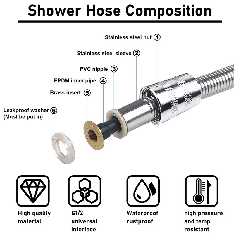Stainless Steel Shower Hose 2m (79”) Universal Anti-Twist Shower Hose