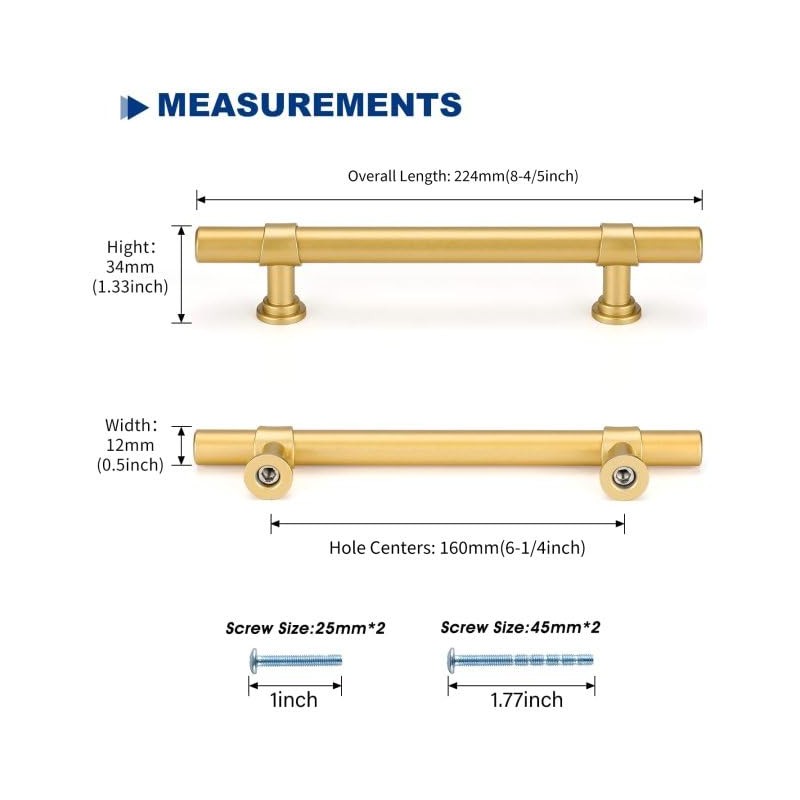 LONTAN 10 Gold Kitchen Handles 160mm Gold Cupboard Handles T-Shaped