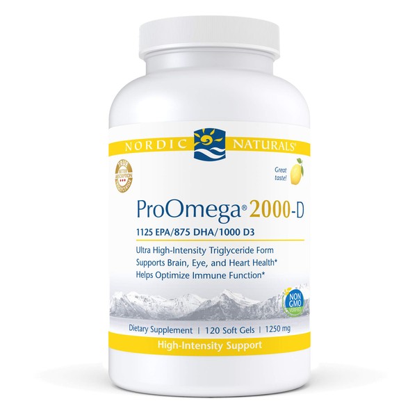 Nordic Naturals ProOmega 2000-D, Lemon Flavor - 2150 mg Omega-3 + 1000 IU D3-120 Soft Gels - Ultra High-Potency Fish Oil - EPA & DHA - Brain, Heart, Joint, Immune Health - Non-GMO - 60 Servings