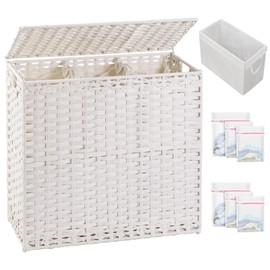 SETVSON Laundry Hamper with Lid Laundry Basket 132 L (35 Gal) Wicker Clothes Hamper, Handwoven Rattan Hamper with Handles and 4 Removable Liner Bags, 6 Mesh Bags for Laundry Bedroom White