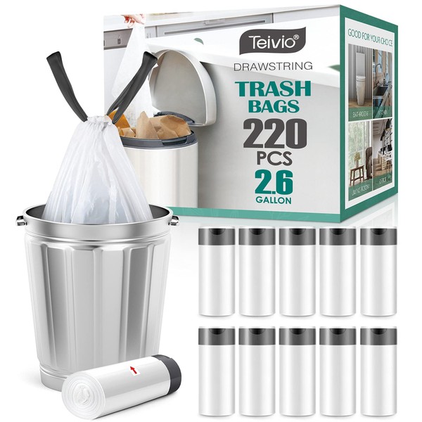 2.6 Gallon 220 Counts Strong Drawstring Trash Bags Garbage Bags by Teivio, Bathroom Trash Can Bin Liners, Small Plastic Bags for home office kitchen,Code R fit 10 Liter, 2,2.5,3 Gal