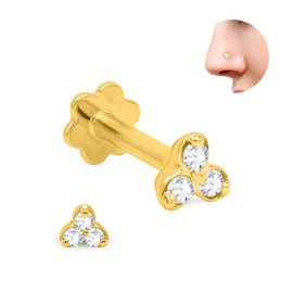 Poshadime 0.03 cttw Three Stone Lab-Grown Diamond Nose Ring in 14K Yellow Gold Nose Stud in 20 Gauge | Diamond Nose Stud For Women | (Color- G-H, Clarity-VS-SI)