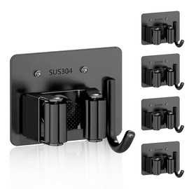 4 Pack Broom Holder Wall Mount,Heavy Duty Stainless Steel Broom Holder,Mop and Broom Holder,Mop Holder,Broom Hanger (Black, 4pack,with Hook, Black)