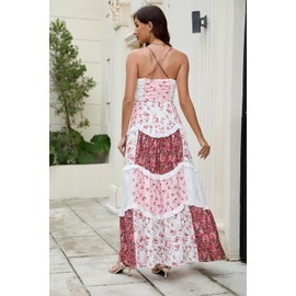 ABYOVRT Women Floral Maxi Dress Spaghetti Straps V Neck Patchwork Flowy Boho Sundress Tiered Long Dresses (Brown,S)