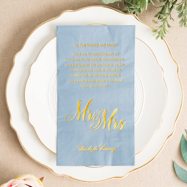 Crisky Dusty Blue Wedding Napkins Mr & Mrs Dinner Napkins Replace Thank You Card Disposable Decorative Towels for Wedding Shower Banquet Rehearsal Dinner Decoraions, 100 Pcs, 3-ply, 12"x16"