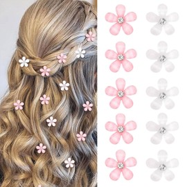 Mezrkuwr Pack of 10 White Pink Mini Flowers Hair Clips with Rhinestones, Cute Hair Clips, Flower Hair Pins, Decorative Hair Clips, Wedding Hair Clips, Flower Hair Accessories
