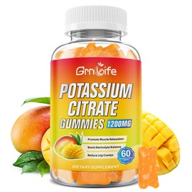 Potassium Citrate Gummies, High Potassium Supplement Gummies 1200mg Support Leg Cramps & Muscle Health, Potassium Gummies for Adults & Kids, Vegan, Mango Flavor 60 Count