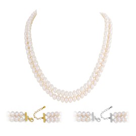 Pearl Vibe Pearl Vibe AAA+ Quality Freshwater Pearls Necklace for Women | 6.5-7mm Round White Pearls with 925 Sterling Silver Chain - 18-19 inch Double Strand Pearl Necklace