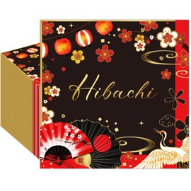 FodeMoraka Hibachi Birthday Party Decorations - 50 Pcs Red Black 2-Ply Disposable Paper Beverage Dinner Napkins Tableware Set Oriental Crane Plum Folding Fans Japanese Theme Table Napkin Supplies