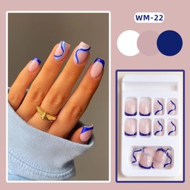 24PCS Press on Nails Short Long French Tips - Fake Nails, Glue on Nails, Reusable False Nails, Acrylic Stick on Nails for Women and Girls (Blue Wave)