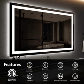 ROOMTEC 36 x 24 Inches LED Bathroom Mirror with Front and Backlit,Anti-Fog,3 Colors and Dimmable Light(Horizontal/Vertical),Silver