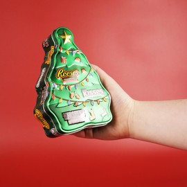 Galerie Christmas Stocking Stuffer Candy Gift, Tree Tin Filled with Assorted Chocolates, Reese's, Kisses, and Miniatures, 2.1 Ounces