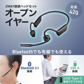 Sanwa Direct 400-MM-BTSH72BK Open-Ear Earbud Headset Bluetooth USB Wired Microphone with Noise Cancelling Storage Case Multi-Point Hands-Free Telework Online Meetings Wireless Wireless