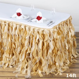 TABLECLOTHSFACTORY 14ft Enchanting Curly Willow Taffeta Table Skirt for Kitchen Dining Catering Wedding Birthday Party Events - Champagne