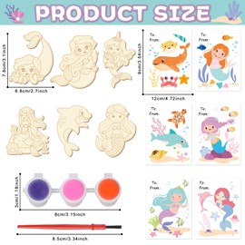 36Pcs Mermaid Party Favors Mermaid Cards with Art Supplies Under the Sea DIY Wood Painting Craft Kits Ocean Animal Thank You for Coming Gifts for Kids Boys Girls Birthday Gift Bulk (Pre-Assembled)