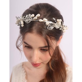 BERYUAN Wedding Silver Leaf Pearls Headband Elegant Pearls Rhinestone Hairpiece Princess Leaf Pearls Wedding Headpiece Silver Wedding Hair Accessories for Women