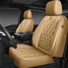 CAR PASS Piping Luxury PU Leather Two Front Car Seat Covers, Waterproof Anti Slip Seat Covers Compatible with Front Seat Armrests,Universal Fit for Suvs,Vans,Trucks,Airbag Compatible(All Beige)