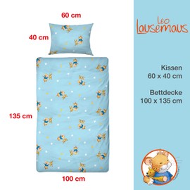 Leo Lausemaus Toddler Bedding Set - 2-Piece Blue 100% Cotton Soft and Breathable - for Boys and Girls - Duvet Cover 100 x 135 cm, Pillowcase 40 x 60 cm