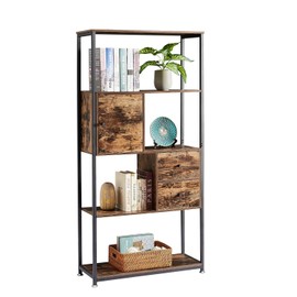 VECELO 5-Tier Bookshelf,Bookcase with 2 Storage Drawers and 1 Cabinet, Wood Board with Metal Frame Open Book Shelves Standing Shelf Unit for Living Room, Home Office,Bedroom