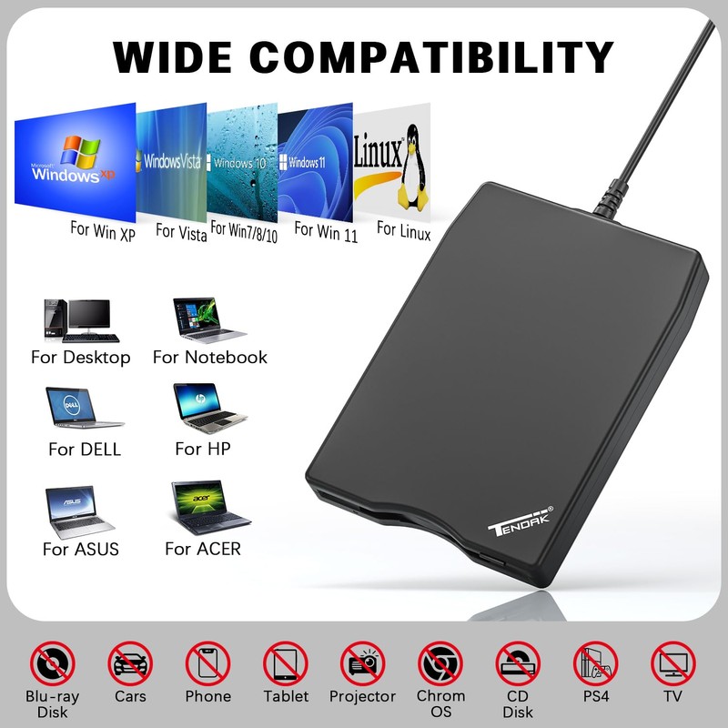Tendak USB Floppy Disk Drive, Floppy Disk Reader 3.5 inch