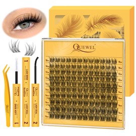 QUEWEL DIY Lash Extension Kit, Wispy Lash Clusters Kit D Curl 10-16mm Lash Clusters Natural Look Super Thin Band Cluster Lashes Kit 120 PCS with Lash Bond and Seal and Lash Tweezers(Feather 01 Kit)