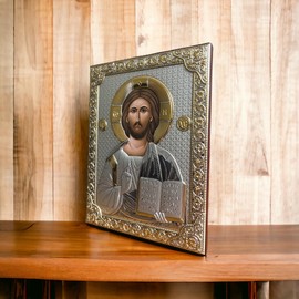 (P-6/001G/K) Jesucristo bizantino plata icono cristiano ortodoxo/griego hecho a mano (9 x 7)
