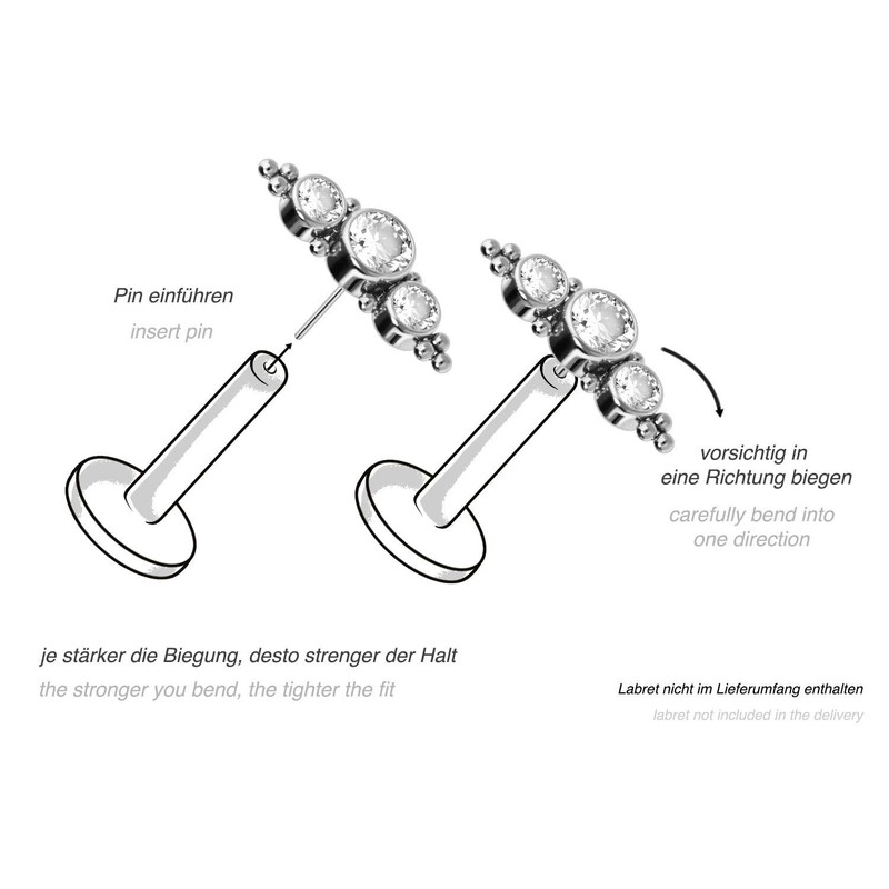 PIERCINGLINE Titanium Attachment with Push Pin 3 Crystals and Balls