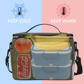 Tirrinia Insulated Lunch Bag w/Leather Handle for Women/Men, Leakproof Thermal Reusable Lunch Box Tote w/multifunctional Strap for Adult & Kids, Lunch Cooler for Work w/Durable Side Pocket, Olive