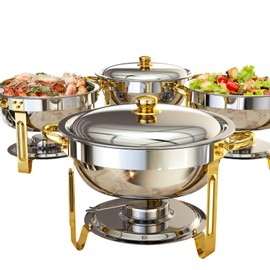Chafing Dishes for Buffet, 4 Pack 5QT Round Chafing Dish Buffet Set [Elegant Gold and Silver Colors] Stainless Steel Buffet Servers and Warmers for Catering Events Parties Dinners with Complete Set