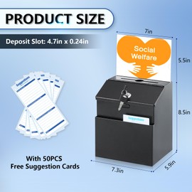 KYODOLED Suggestion Box with Lock and Slot, Metal Wall Mounted Donation Key Drop Box, Ballot Box with Clear Acrylic Sign Holder and 50 Free Suggestion Cards & 2 Keys, 8.5H x 5.9W x 7.3L Inch, Black