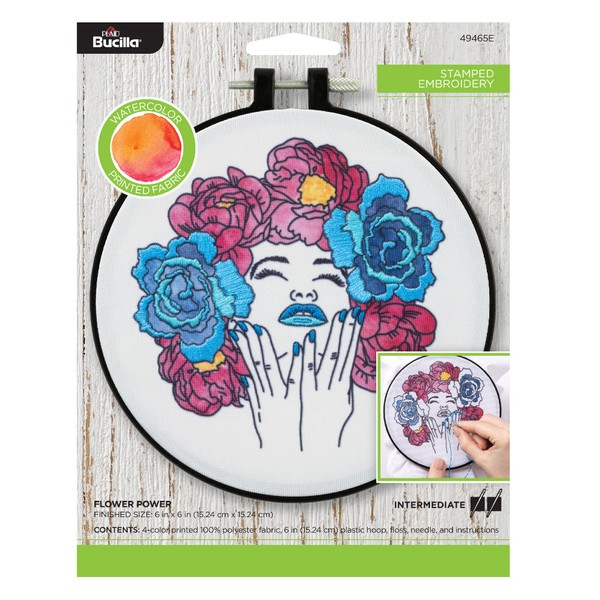 Bucilla Watercolor 6" Stamped Embroidery Kit, Flower Power, Includes 4-Color