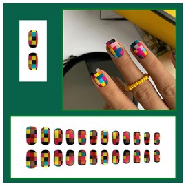 24 Pcs Mosaic Press on Nails Short Square Fake Nails Full Cover Stick on Nails with Colourful Mosaic Design Cute Glossy Artificial Acrylic False Nails for Women and Girls DIY Manicure Decoration