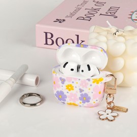 Reownest for AirPods 4th Generation (2024) Case with Cleaning Kit, Cute Colorful Flower Design Keychain Aesthetic Pattern Soft Headphone Case for AirPods 4 - Purple