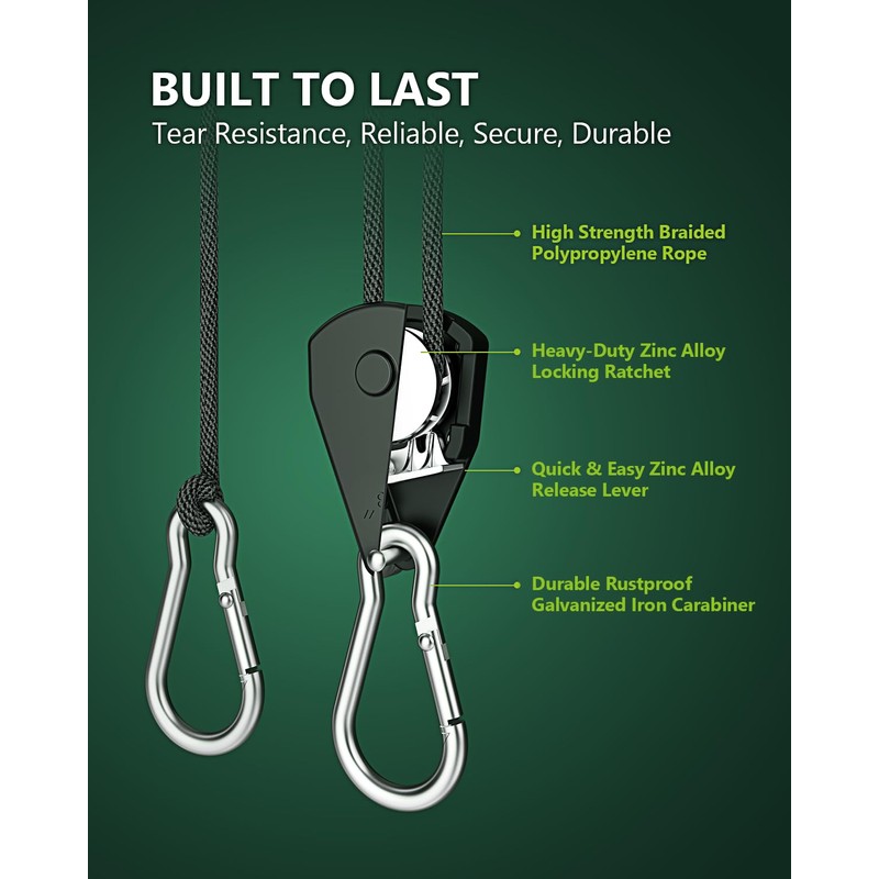 STAYGROW 4-Pack 1/8" Adjustable Rope Hanger, Heavy Duty Ratchet Tie