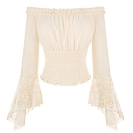 Renaissance Shirt for Women Off Shoulder Smocked Shirt Boho Lace Party Tops Beige L