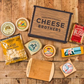 Cheese Bros Family Fest Gift Box with 8 Inch Cutting Board | Fresh from Wisconsin | Includes Baked Bliss, Assorted Cheddar and Gouda Cheeses, Cheese Curds and Alpine-Style Smoked Adelheid