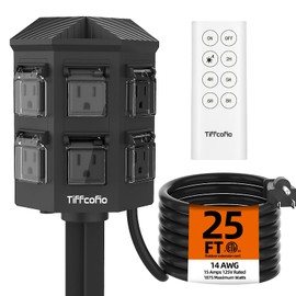 TiFFCOFiO Outdoor Power Strip with 25FT Extension Cord, Remote Control Dusk to Dawn Light Timer Waterproof, 6 Grounded Outlets for Halloween Inflatables and Decorations, ETL Listed