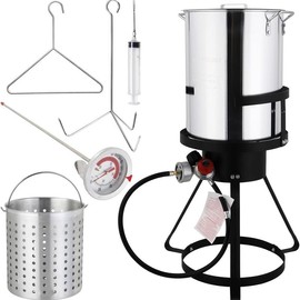 ROVSUN 30QT Turkey Fryer & 10QT Fish Fryer Kit w/ 55,000BTU Propane Stove, Aluminum Outdoor Deep Fryer & Seafood Boiler Steamer w/Baskets, Thermometer, Marinade Injector, Turkey Rack & Rack Lifter - Size: 30QT